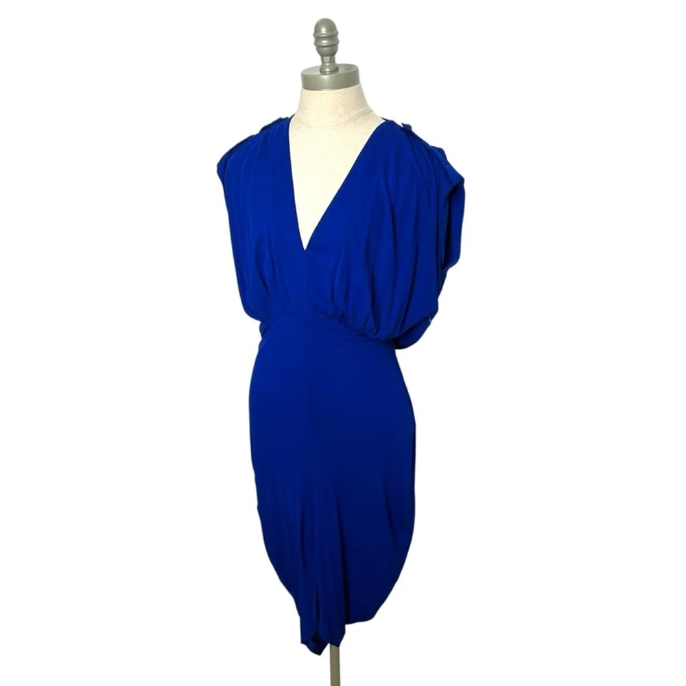 Alexander McQueen Royal Blue Plunge V-Neck Midi Shirred Cocktail Dress Medium